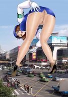 giantess brunette bottomless leaning_forward disrupting_traffic oblivious_bystanders drawn_giantess