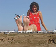 giantess collage black_hair smiling sitting airplane between_toes outdoors looking_at_viewer