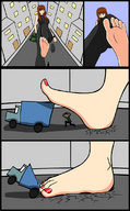 crush feet brunette giantesses under_foot red_nails catsuit city_street