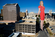 giantess collage city high_heels buildings smiling wonderslug dress streets sky rooftop rooftop_view holding_crushed_car mandy_moore