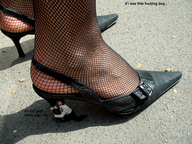 collage feet high_heels story shrunken_men fishnets hiding under_shoe hanging_on sidewalk imminent_crush