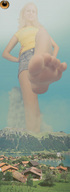 giantess crush blonde barefoot soles shorts village nature mb_gts looking_at_viewer imminent_crush