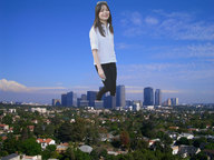 giantess collage city mega brunette skyscrapers clouds houses outdoors sky looking_at_viewer miranda_cosgrove suburbs