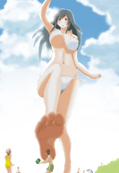 drawing giantess black_hair large_breasts swimsuit beach barefoot raised_foot bikuta on_shoulder looking_at_tiny