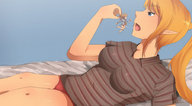 drawing panties blonde large_breasts handheld shrunken_woman dangle screaming imminent_vore looking_at_tiny
