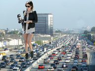 giantess collage long_hair handheld traffic brunette police hand walking sunglasses highway streets vehicles police_car