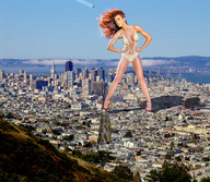 collage city mega cleavage high_heels buildings wonderslug red_hair jets standing skyscrapers sky military_jets