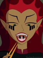 drawing vore color long_hair saliva green_eyes red_hair shrunken_men fangs chopsticks xiaolin_showdown looking_at_victim jora-bora wuya jack_spicer pointed_ears cartoon_network