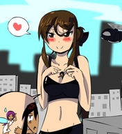 drawing giantess blushing color cleavage helicopter brunette smiling ponytail heart skyscraper herretik between_breasts