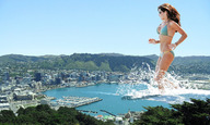 giantess collage city swimsuit buildings brunette wonderslug sunglasses boats skyscrapers trees splashing harbor wading hills