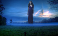 breasts giantess collage mega long_hair cleavage brunette wonderslug dress clouds night sky field sunset trees looking_at_viewer fog twilight nina_dobrev pasture