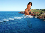 breasts giantess collage mega butt swimsuit water ocean brunette wonderslug vehicles looking_at_viewer cliff hill