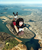 collage mega black_hair high_heels dress lying_down short_hair bondage red_lips looking_at_viewer