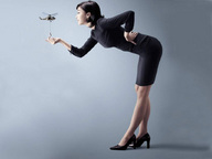 collage handheld high_heels helicopter brunette smiling asian shrunken_men hand bending_over leaning_forward