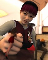 angry asian red_hair uniform shrunken_woman shrunken_man looking_at_viewer digital_render