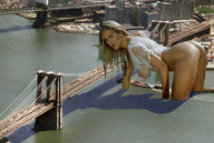 breasts giantess collage mega blonde butt bridge wet river boats looking_at_viewer new_york_city brooklyn_bridge