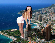 giantess collage city destruction cleavage ocean brunette skyscrapers outdoors looking_at_viewer leaning_forward