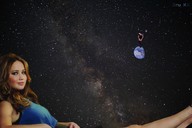 giantess collage earth space black_hair planet brunette multiple_sizes moon giantesses denise_milani looking_at_viewer stars jennifer_lawrence zitukx cosmic_giantess