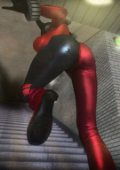 drawing crush feet butt clothed high_heels butt_crush harley_quinn walking shrunken_people stairs thighs tinies sideboob jetslasher stuck_to_foot stuck_to_shoe dc_comics skintight_clothing
