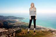 collage mega blonde long_hair blue_eyes clothed beach ocean celebrity town mountains red_lips earrings looking_at_viewer taylor_swift joe117