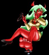 drawing crush feet clothed barefoot soles green_eyes domination shrunken_men demoness pinned under_foot red_skin panty_and_stocking_with_garterbelt