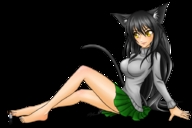 black_hair long_hair yellow_eyes shrunken_men foot_play shrunken_man cat_girl sweater green_skirt kissing_toe