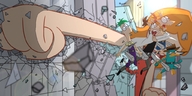 drawing giantess city mega color long_hair destruction rampage buildings angry red_hair open_mouth scientist punch outdoors fist hat disney belt running_away lab_coat phineas_and_ferb debris giantessbeta candace_flynn heinz_doofenshmirtz perry_the_platypus agent_p phineas_flynn ferb_fetcher