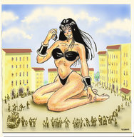 drawing gentle giantess city swimsuit smiling grabbing looking_at_tiny