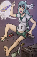 vore multiple_giantesses green_eyes giantesses stuck_to_foot on_stomach belly_bulge
