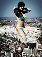 collage city mega swimsuit destruction asian sitting skyscrapers looking_at_viewer sjw