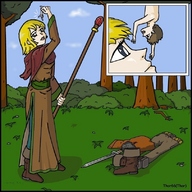 drawing blonde clothed sword handheld shrunken_men thor66 grass dangle outdoors trees imminent_vore looking_at_tiny
