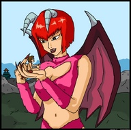 drawing giantess horns wings color handheld red_hair short_hair thor66 red_lips long_nails looking_at_tiny