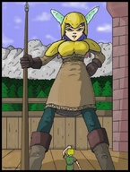 drawing giantess color buildings shrunken_men thor66 mountains trees guard looking_at_tiny