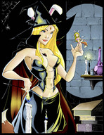 drawing blonde color handheld cleavage fairy witch hat candle looking_at_tiny potions linkette
