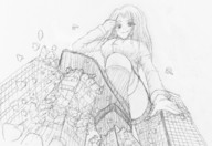 drawing giantess crush panties blonde monochrome long_hair tongue destruction mouth skirt buildings helicopter shoes socks leg rubble skyscraper point_of_view licking_lips pullover