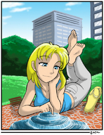 giantess feet blonde barefoot park lying_down flip_flops fountain