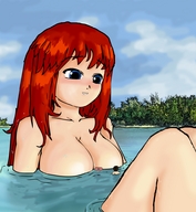 drawing gentle giantess cleavage purple_eyes red_hair shrunken_men sitting swimming lake trees looking_at_tiny