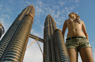 breasts giantess collage mega bra low_angle petronas_towers navel shorts skyscraper sky point_of_view kuala_lumpur pacmanri