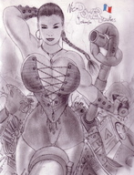 drawing giantess city monochrome destruction cleavage olivier looking_at_viewer
