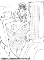 breasts drawing giantess city mega monochrome cleavage buildings glasses street twintails muscles abs between_buildings