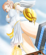drawing giantess city mega upskirt angel large_breasts sword low_angle red_hair satsurou point_of_view