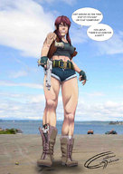 giantess small_man anime drawing_collage red_hair boots entrapment mega_giantess guns seaside black_lagoon revi tattooed