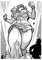 breasts drawing growth giantess panties mega upskirt monochrome long_hair clothed low_angle giganta underboob point_of_view bracelet heroine sketching leopard_print e-mann dc_comics bare_legs bare_midriff grayscale