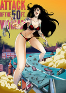 bikini breasts drawing giantess city mega black_hair color long_hair destruction handheld rampage cleavage bra buildings parody highway vehicles straddling tattoo earrings running_away attack_of_the_50_foot_woman bare_legs bare_midriff thrown_away