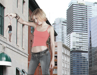 giantess collage city blonde clothed buildings shrunken_woman dangle between_fingers looking_at_victim pacmanri