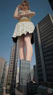 giantess city cleavage buildings low_angle dress short_hair looking_down skyscraper looking_at_viewer tiny_mk emilia_greyheart digital_render
