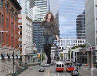 giantess collage city clothed brunette boots walking skyscraper people streets vehicles vehicle_crush between_buildings pacmanri dropping_car vancouver holding_vehicle