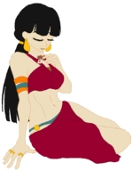 drawing gentle black_hair color cleavage bra dress shrunken_men sitting rings between_breasts