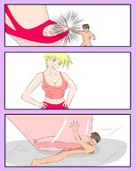 drawing crush feet blonde color cleavage high_heels domination shrunken_men fighting underneath under_foot panels