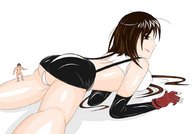 drawing panties butt brunette tifa brown_eyes gloves lying_down shrunken_men huge_ass on_leg